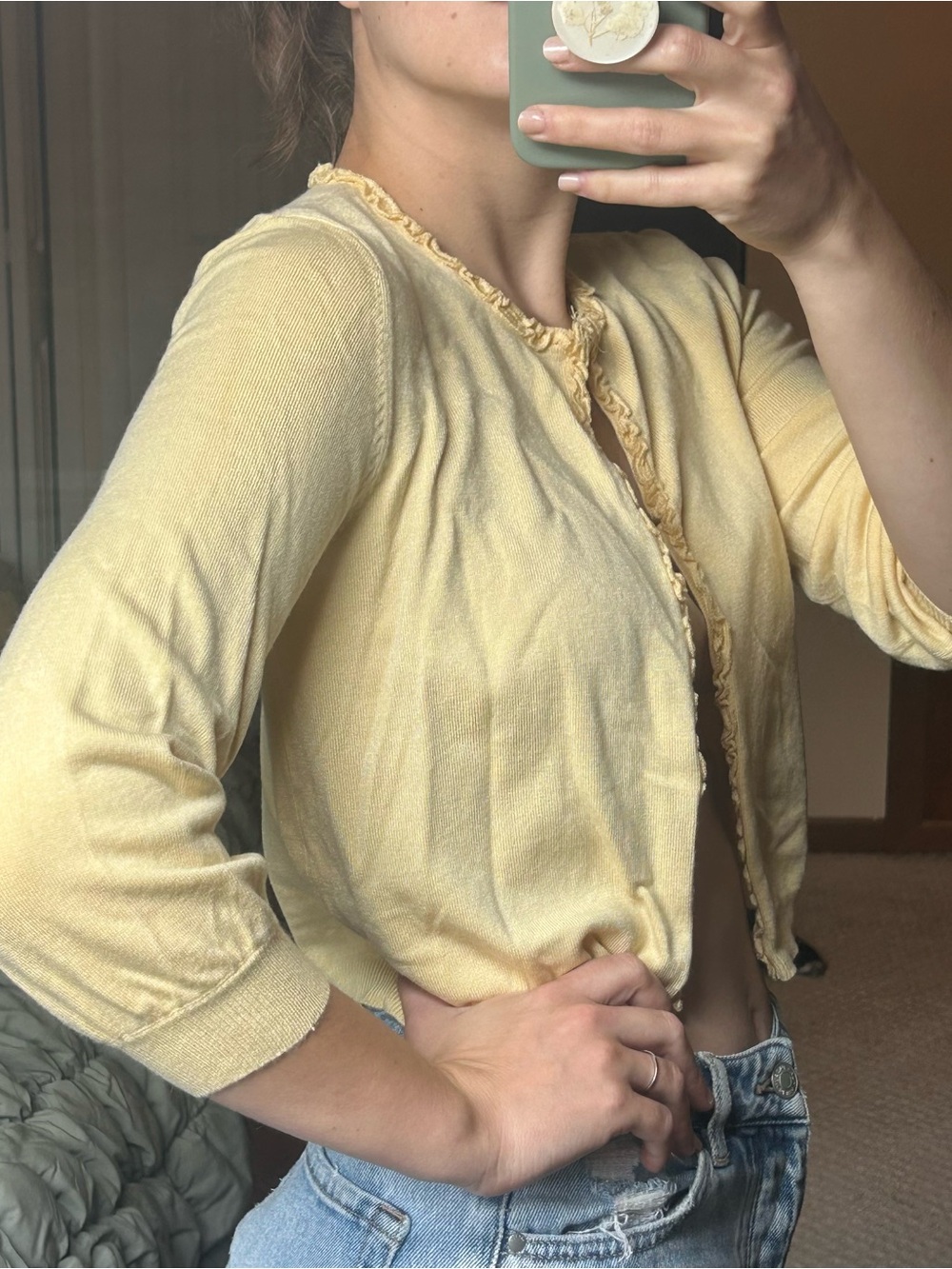 Light Yellow Ruffle-Trim Women's Cardigan Sweater